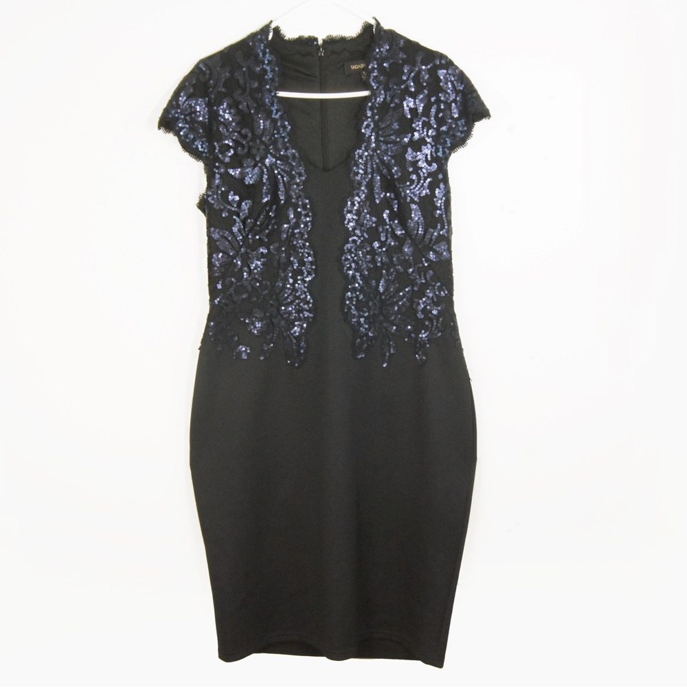 Tadashi Shoji Black Deep Navy Blue Sequin Lace Evening Dress
